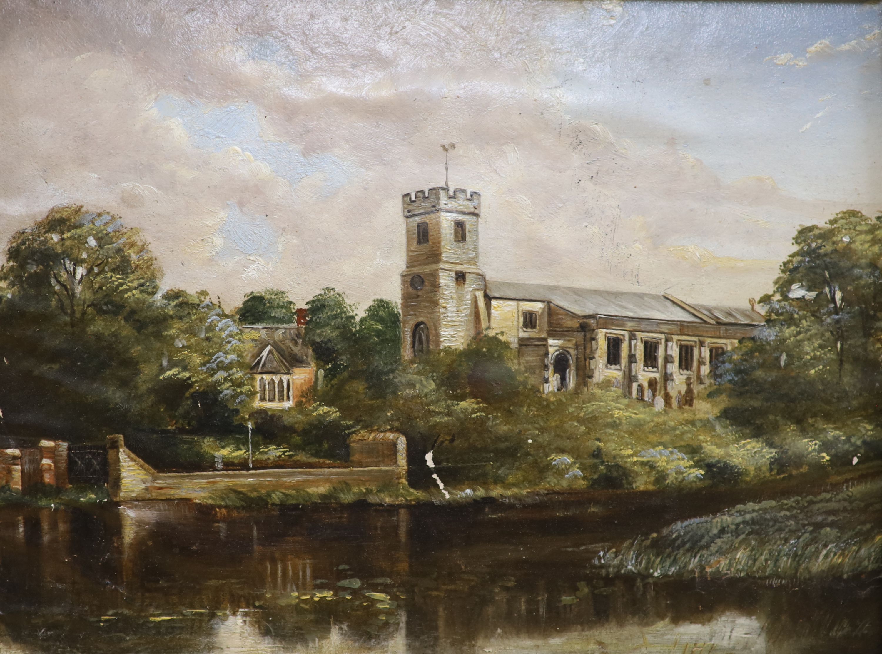 B.A. Richmond, oil on canvas, 17th century style Dutch river landscape, 30 x 60cm, an oil of a riverside church, c.1900 and a small watercolour of a cottage